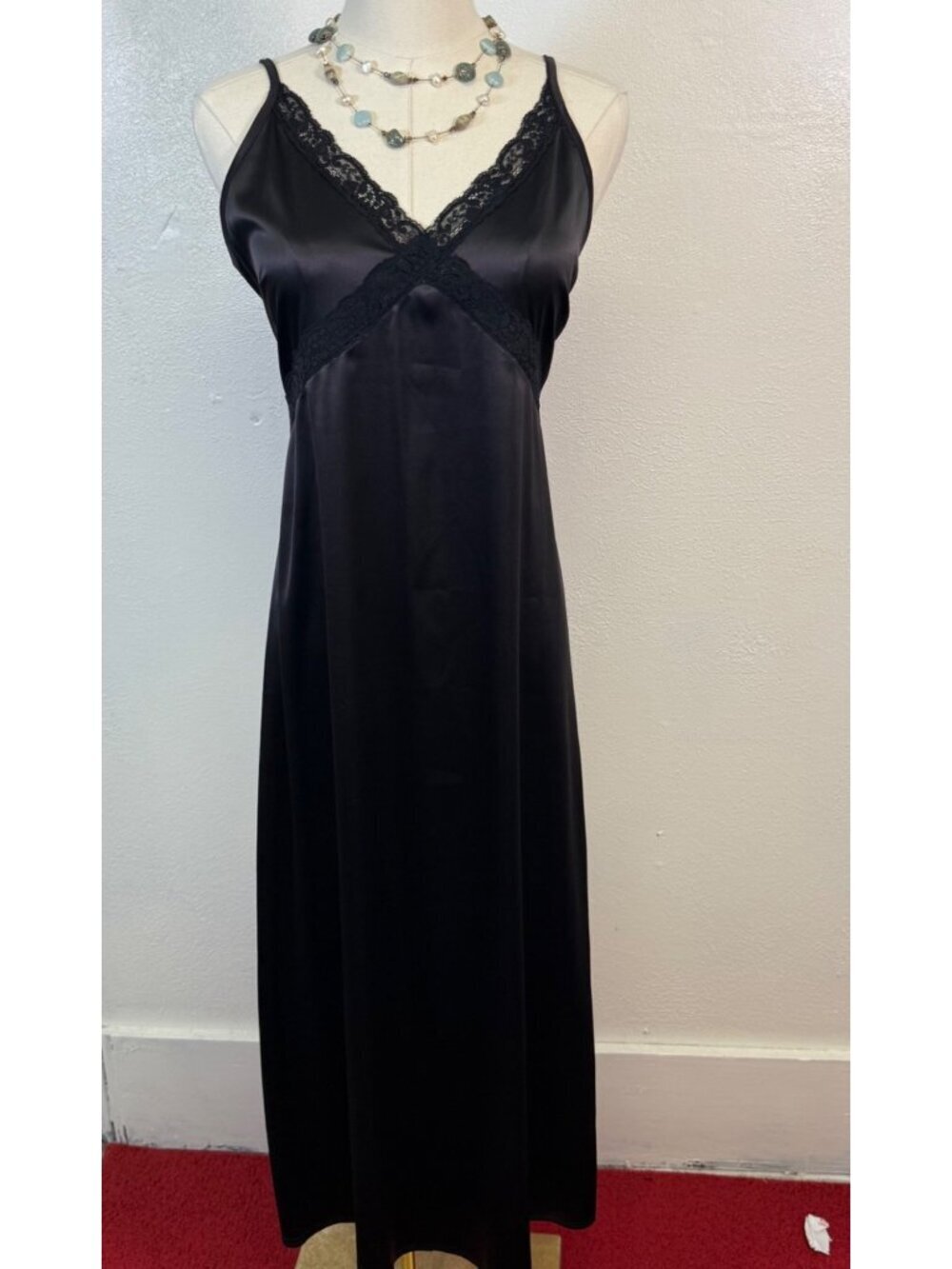 Urban Outfitters Black Satin Lace Trim Midi Slip Dress EUC Medium Boudoir Chic